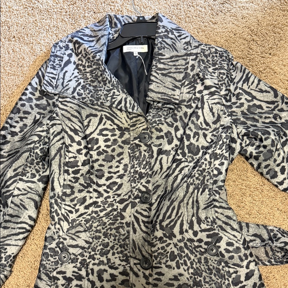 Jones New York Black and Gray Animal Print Trench Coat